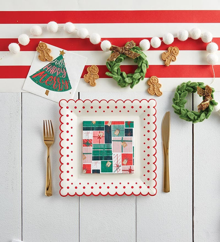 Jolly Merry Happy Cocktail Napkins with Festive Christmas Tree, Set of 20 Christmas Napkins with Gold Foil Details