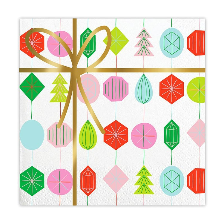 Retro Ornament Cocktail Napkins, Set of 20 Christmas Napkins with Colorful Christmas Tree Ornament & Gold Bow Design