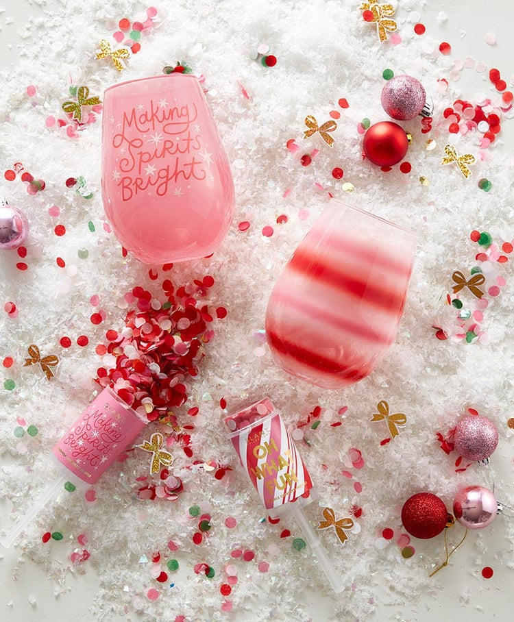 Pom Pom Party Popper, Reusable Christmas "Oh What Fun" Party Popper Pre-Filled with Mini Rainbow Pom Poms, Set of 1