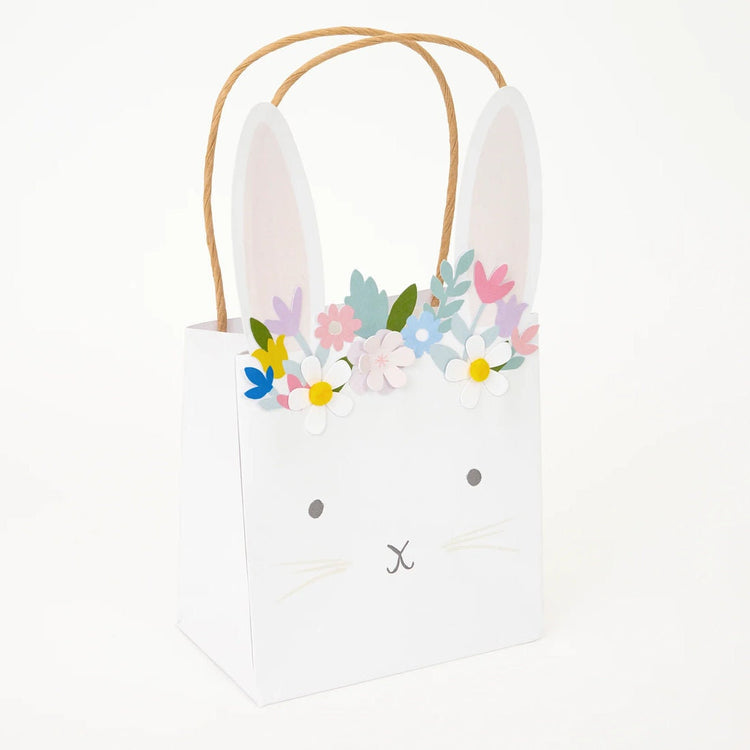Bunny Party Bags, Set of 6 Bunny Favor Bags with Floral Crown, Perfect for handing out birthday favors & treats!