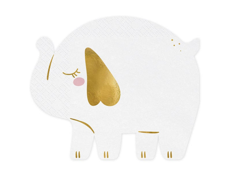 Baby Elephant Napkins, Set of 12 White and Gold Foil Napkins, Baby Shower Napkins, Safari Birthday Napkins, Young Wild and Three