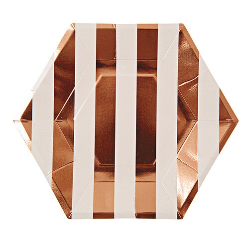 Rose Gold and White Hexagon Large Paper Plates, Set of 8 Shiny Rose Gold Striped Hexagon Plates, 10" x 10"