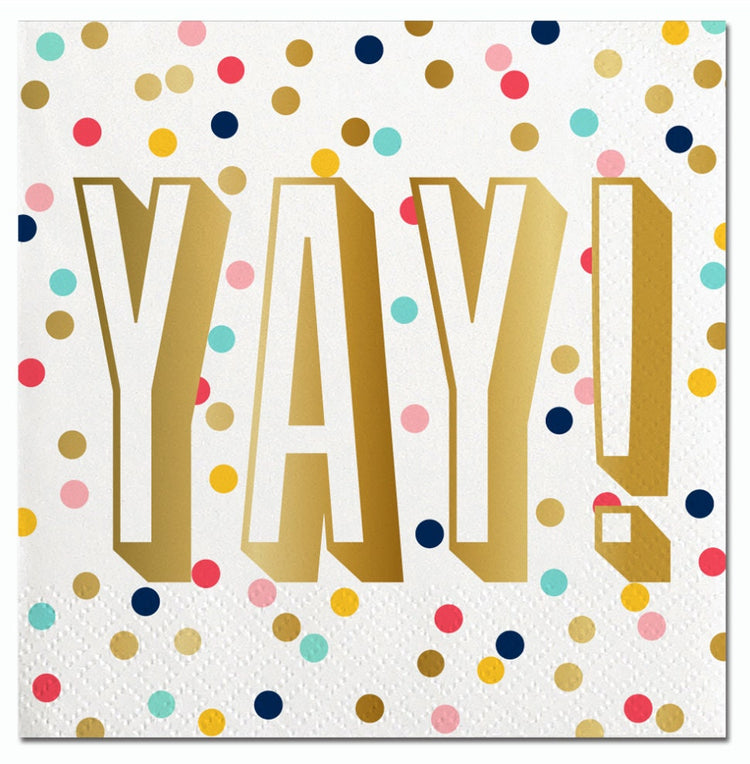 YAY! Cocktail Napkins with Gold Foil, Set of 20 Polka Dot Napkins with Gold Foil Lettering