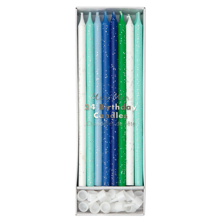 Tall Blue & Green Glitter Candles, Set of 24 Large White, Blue, and Green Birthday Candles in a Range of Shades - Cohasset Party Supply