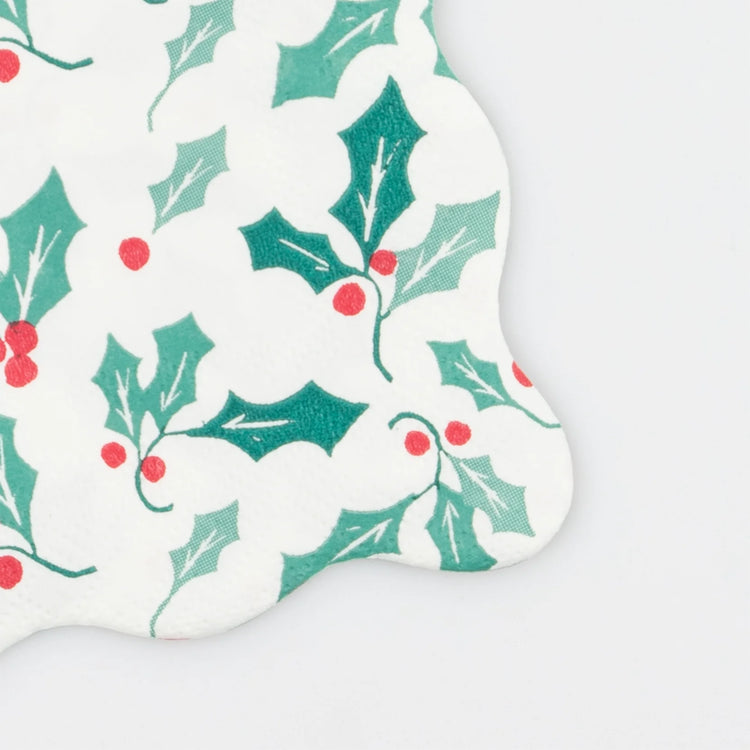 Holly Pattern Large Napkins, Set of 16 Christmas Dinner Napkins from Meri Meri, 6.5 x 6.5 inches