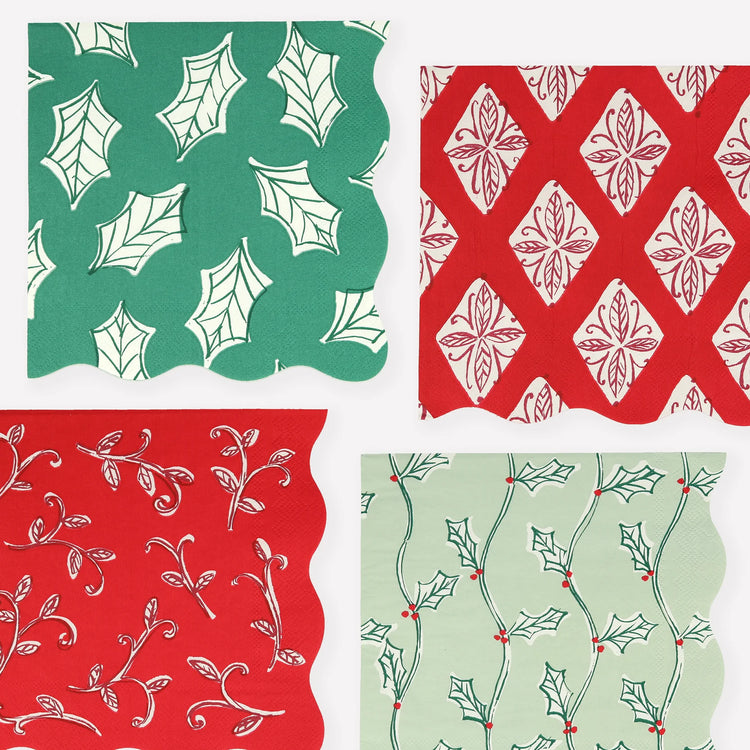 Block Print Christmas Large Paper Napkins, Set of 16 Meri Meri Christmas Dinner Napkins, 6.5" x 6.5"