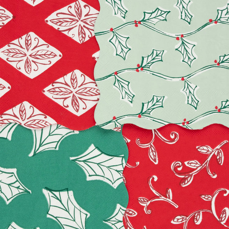 Block Print Christmas Large Paper Napkins, Set of 16 Meri Meri Christmas Dinner Napkins, 6.5" x 6.5"