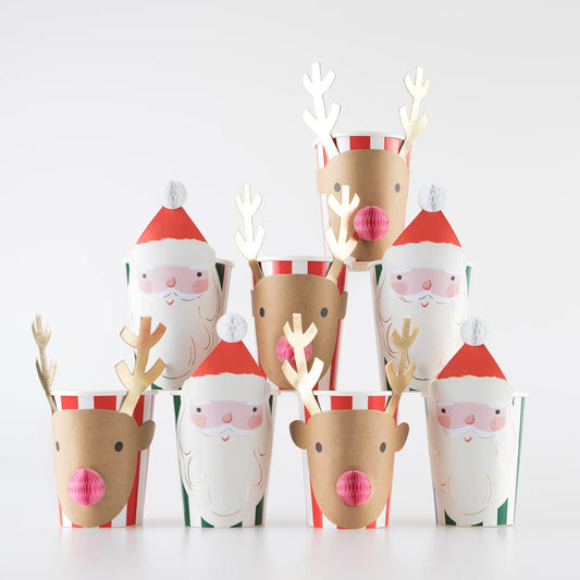 Santa and Reindeer Honeycomb Paper Cups, Set of 8 Meri Meri Christmas Paper Cups, Children's Christmas Party