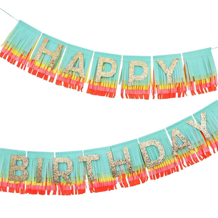 Rainbow Happy Birthday Fringe Garland, Add Some Fun To Your Next Birthday Party with this Large Rainbow Birthday Pennant from Meri Meri - Cohasset Party Supply
