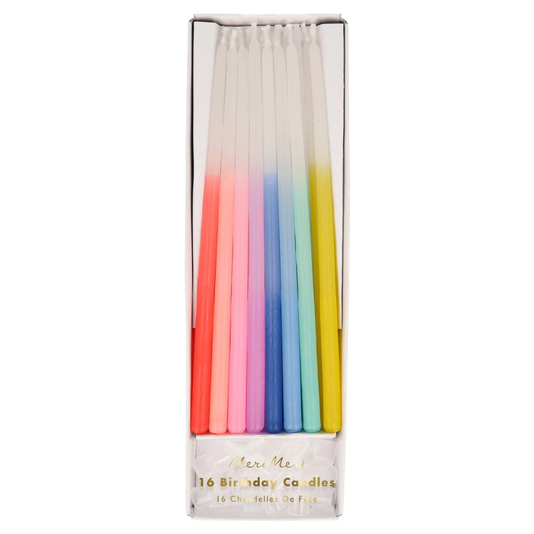 Rainbow Dipped Tapered Candles, Set of 16 Large Birthday Candles Dipped in 8 Beautiful Rainbow Shades by Meri Meri, 6.8" Tall - Cohasset Party Supply