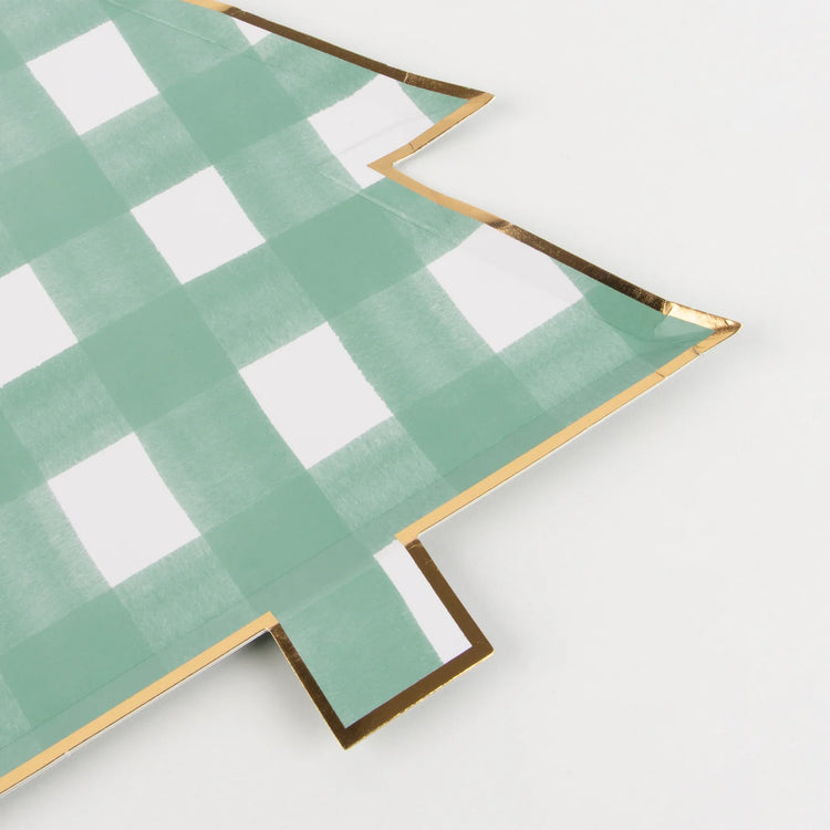 Green Gingham Christmas Tree Paper Plates, Set of 8 Meri Meri Christmas Tree Party Plates, 8" x 10.25"