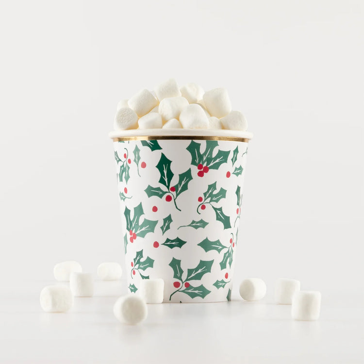 Holly Pattern Paper Cups, Set of 8 Christmas Party Cups from Meri Meri, Shiny Gold Rim