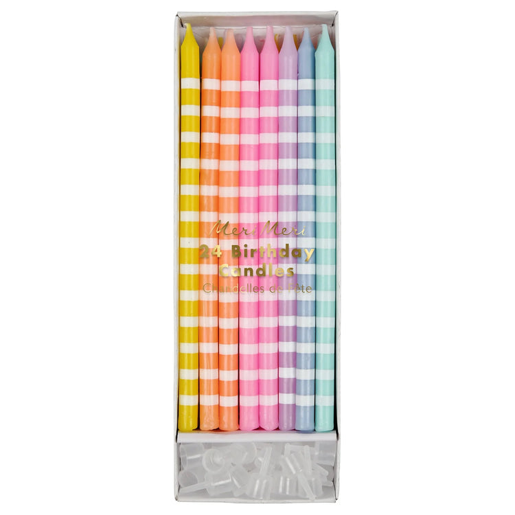 Pastel Party Candles, Set of 24 Meri Meri Tall Birthday Candles in Pink, Lavender, Orange, Blue, and Yellow - Cohasset Party Supply