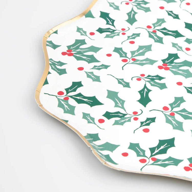 Holly Pattern Dinner Paper Plate, Set of 8 Christmas Holly Plates with Gold Foil Edge from Meri Meri, 8.5 x 8.5 inches