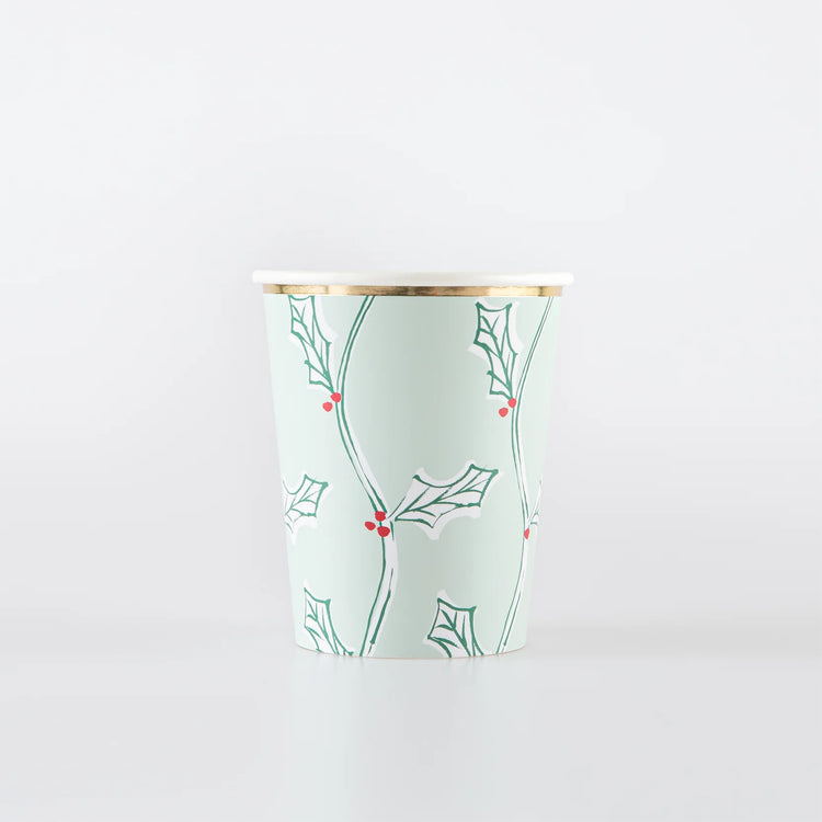 Block Print Christmas Paper Cups, Set of 8 Christmas Party Cups from Meri Meri, Shiny Gold Rim