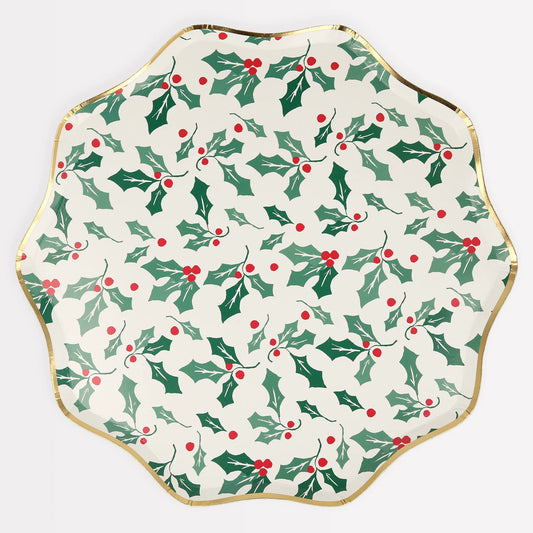 Holly Pattern Dinner Paper Plate, Set of 8 Christmas Holly Plates with Gold Foil Edge from Meri Meri, 8.5 x 8.5 inches