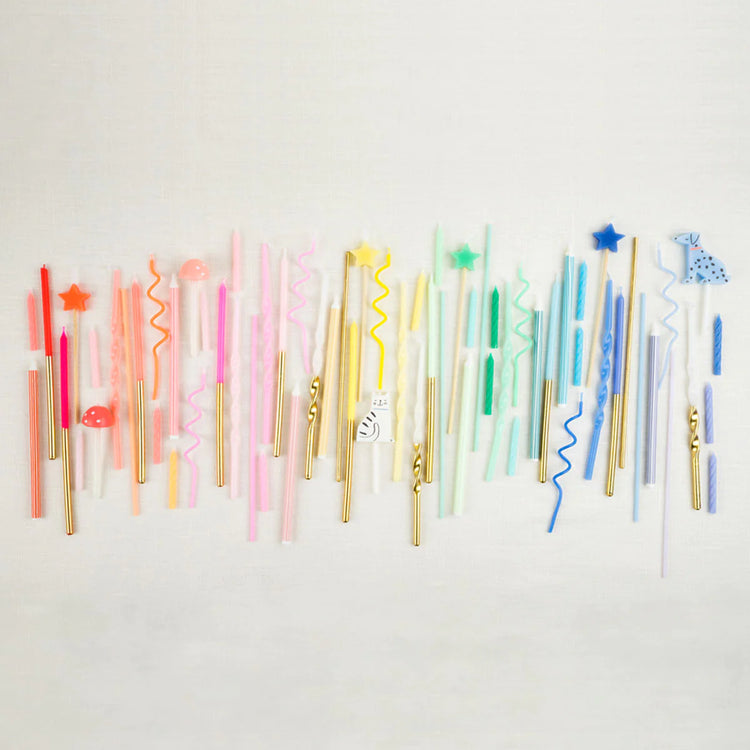 Super Skinny Mixed Candles, Set of 36 Extra Tall Birthday Candles in a Rainbow of Shades by Meri Meri, 8" Tall - Cohasset Party Supply