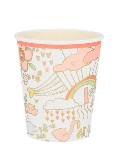 Valentine Doodle Paper Cups, Set of 8 Doodle Party Cups with heart, cloud, rainbow and flower illustrations, By Meri Meri