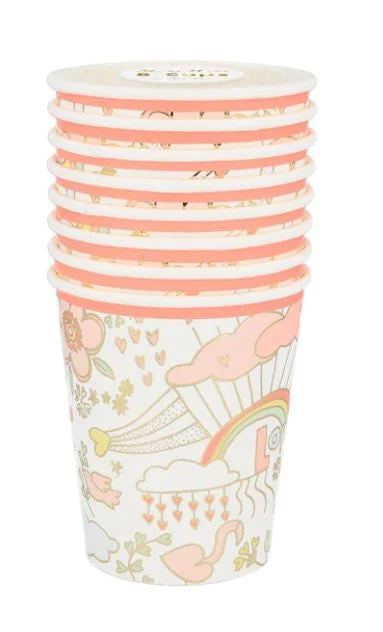 Valentine Doodle Paper Cups, Set of 8 Doodle Party Cups with heart, cloud, rainbow and flower illustrations, By Meri Meri