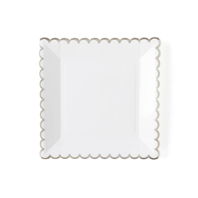 White Scalloped Plate with Silver Foil Trim, Winter White 9" White Scalloped Plate from My Mind's Eye, Great for Christmas or New Year's Eve Parties