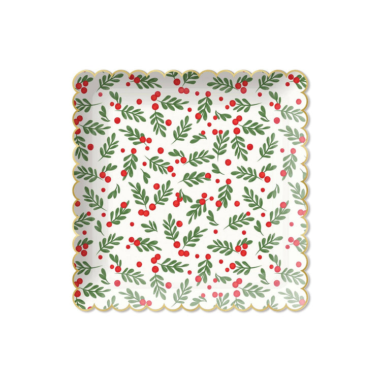 Holly Scallop Paper Plate, Set of 8 Christmas Holly Plates with Gold Foil Edge, 9 x 9 inches