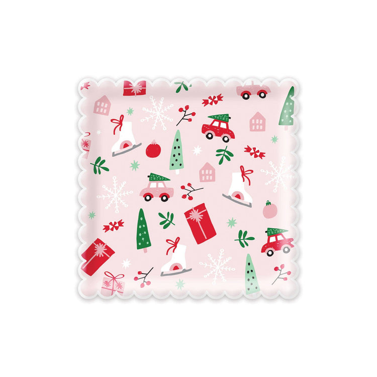 Merry Holiday Icons Paper Plate, Set of 8 Scalloped Square Pink Christmas Plates