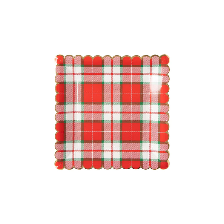 Red Plaid Plates, Set of 8 Christmas Square Plaid Plates by My Mind's Eye, Scallop Edging and Gold Foil Details - Cohasset Party Supply