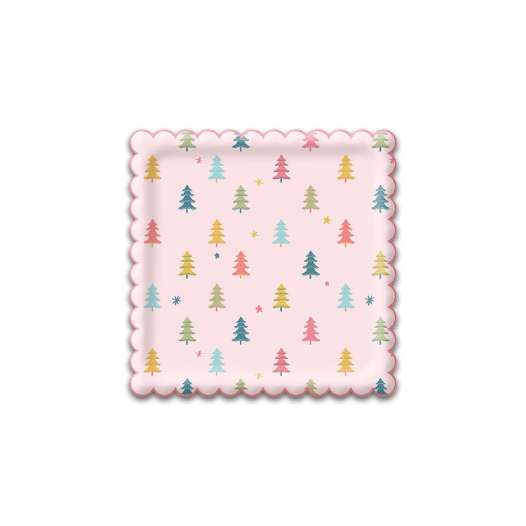 Pastel Christmas Tree Plates, Set of 8 Bright Holiday Square Scallop Trees Paper Plate, 9" x 9"