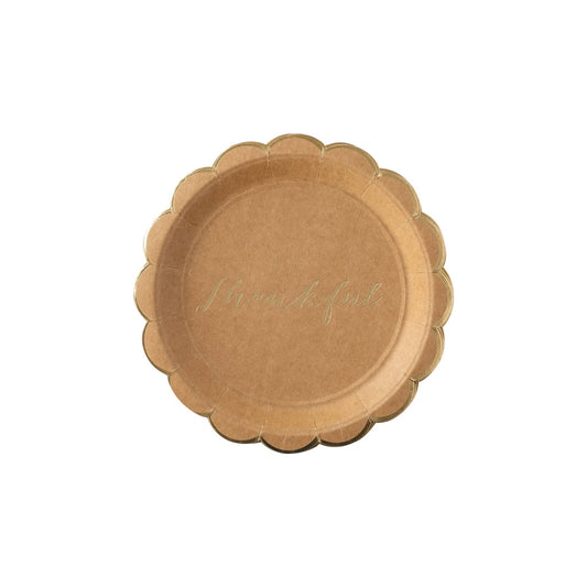 Harvest Scallop Kraft Plate, Set of 8 Rustic Thanksgiving Plates from My Mind's Eye with "Thankful" Gold Foil Text and Scalloped Edge, 9 Inch Diameter