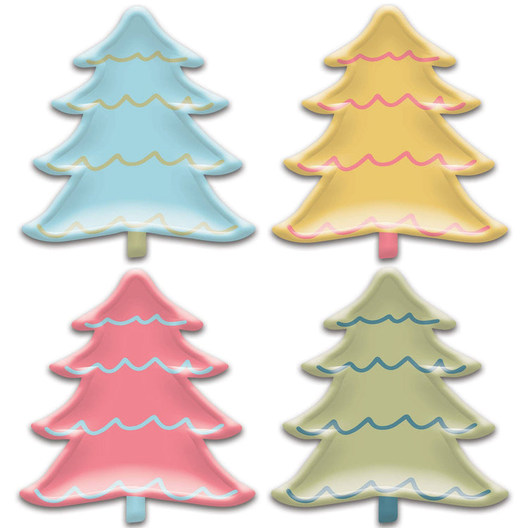 Pastel Christmas Tree Plates, Set of 8 Bright Holiday Tree Shaped Paper Plate Set, 9" x 10"