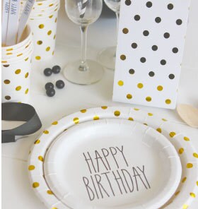 Gold Foil Polka Dot Party Plates, Set of 12 Gold Foil Dot Circle Plates, Great for Birthday Parties or Showers! - Cohasset Party Supply