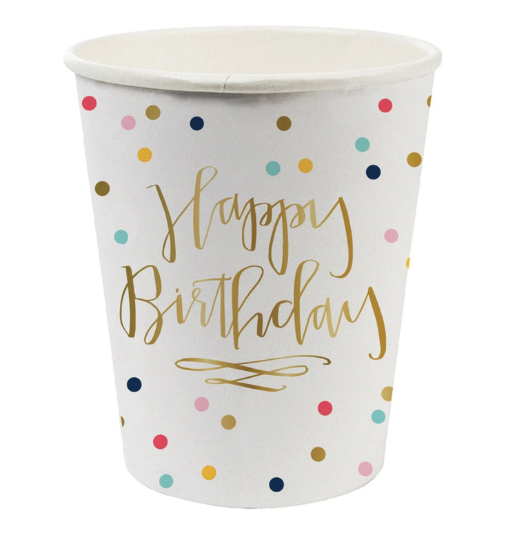 Happy Birthday Party Cups with Gold Foil, Set of 8 Polka Dot Paper Cups with Gold Foil Lettering - Cohasset Party Supply