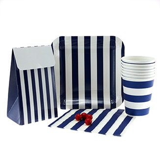 Navy Blue Candy Stripe Paper Cups, Set of 12 Navy & White Party Cups, Great for a boy birthday or nautical-themed party! - Cohasset Party Supply