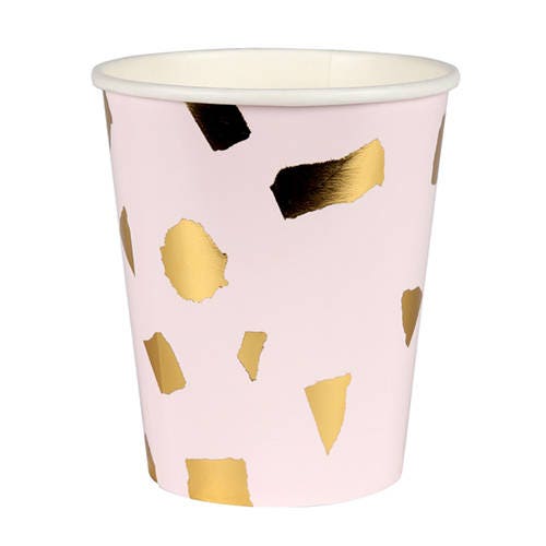 Pink and Gold Party Cups, Set of 8 Meri Meri Gold and Blush Confetti Hot or Cold Gold Paper Cups, Perfect for a Bridal Shower! - Cohasset Party Supply