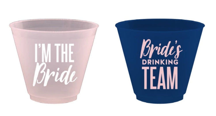 Bachelorette Party Wine Cups, Bride's Drinking Team Plastic Wine Cups, 1 Pink "Bride" Cup and 7 Navy "Bride's Drinking Team" Cups - Cohasset Party Supply