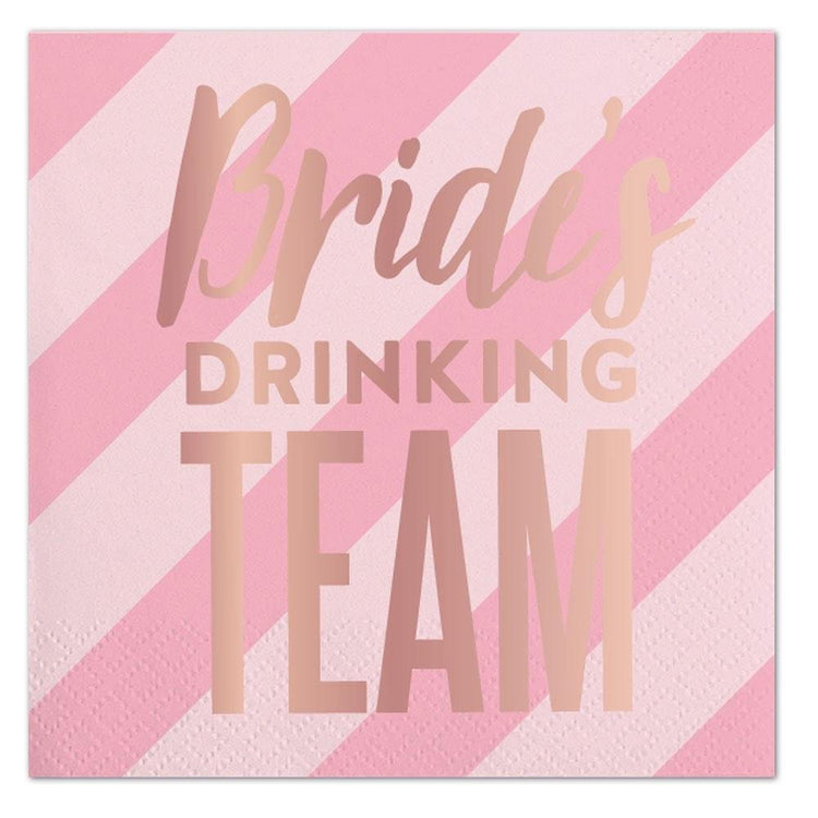 Bride's Drinking Team Cocktail Napkins , Set of 20 Light Pink Beverage Napkins With Pink Foil Lettering , Perfect for a Bachelorette Party! - Cohasset Party Supply
