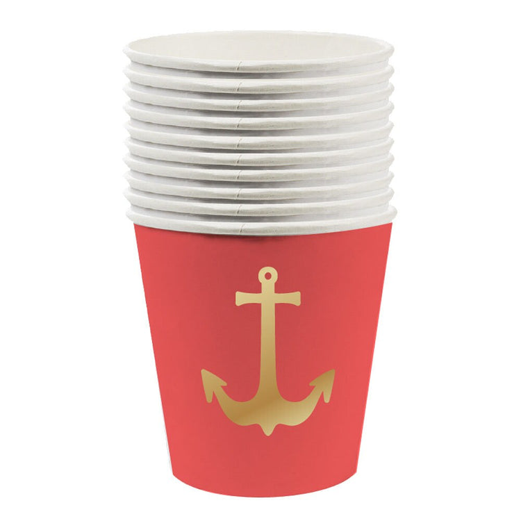 Red and Gold Anchor Paper Cups, Set of 8 Anchor Cups with Gold Foil Details , Each Cup Holds 8 oz - Cohasset Party Supply