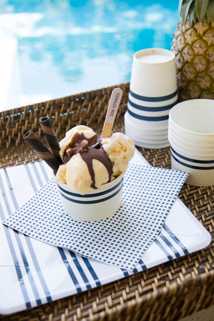 Mini Navy Blue & White Wooden Ice Cream Spoons, Set of 12 Navy and White Striped Mini Wooden Spoons - Cohasset Party Supply