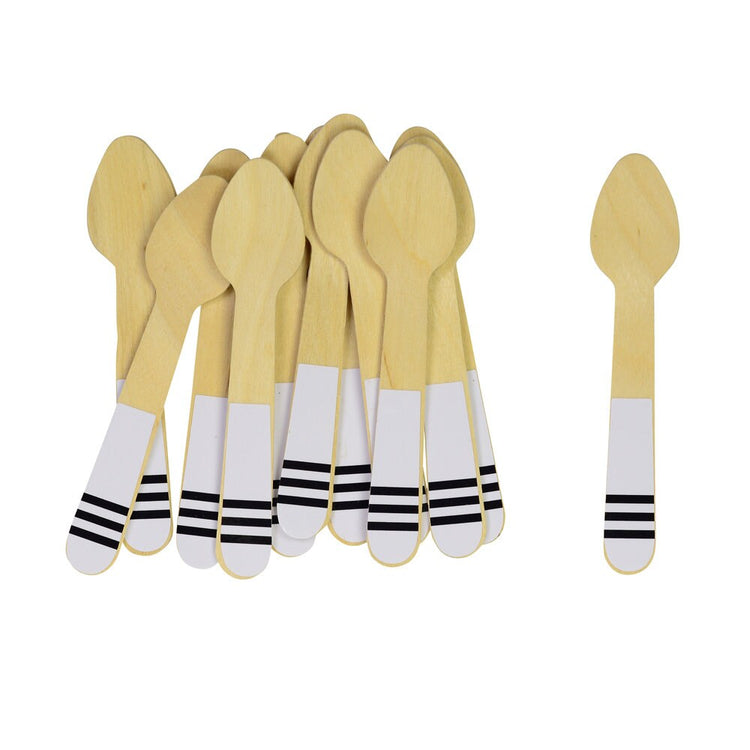 Mini Black & White Wooden Ice Cream Spoons, Set of 12 Black and White Striped Mini Wooden Spoons, Perfect for an Ice Cream Party! - Cohasset Party Supply