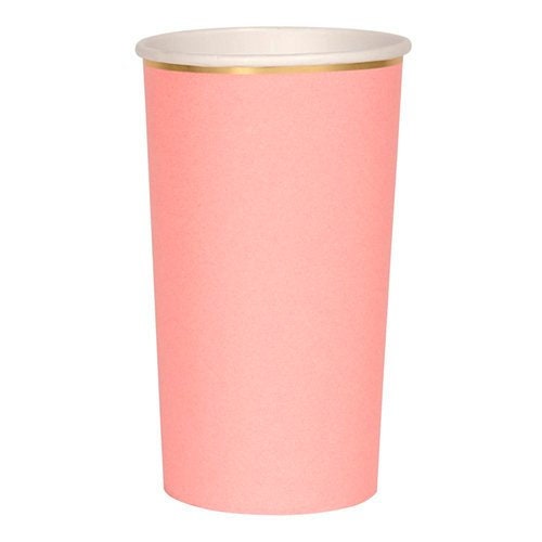 Neon Coral Tall Party Cups, Set of 8 Meri Meri Beautiful Basics Neon Coral Highball Paper Cups, Holds 14 Ounces - Cohasset Party Supply