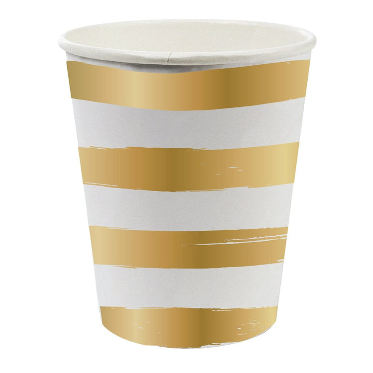 Gold Foil Striped Party Cups, Set of 8 Striped Paper Cups with Gold Foil Stripes, Great for a birthday party or shower, Holds 8 Ounces - Cohasset Party Supply