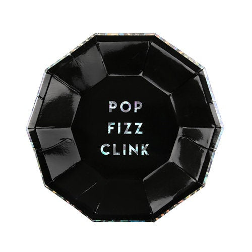 Pop Fizz Clink Small Black Plates, Set of 8 Meri Meri 7" x 7" Holographic Foil Small Party Plates - Cohasset Party Supply