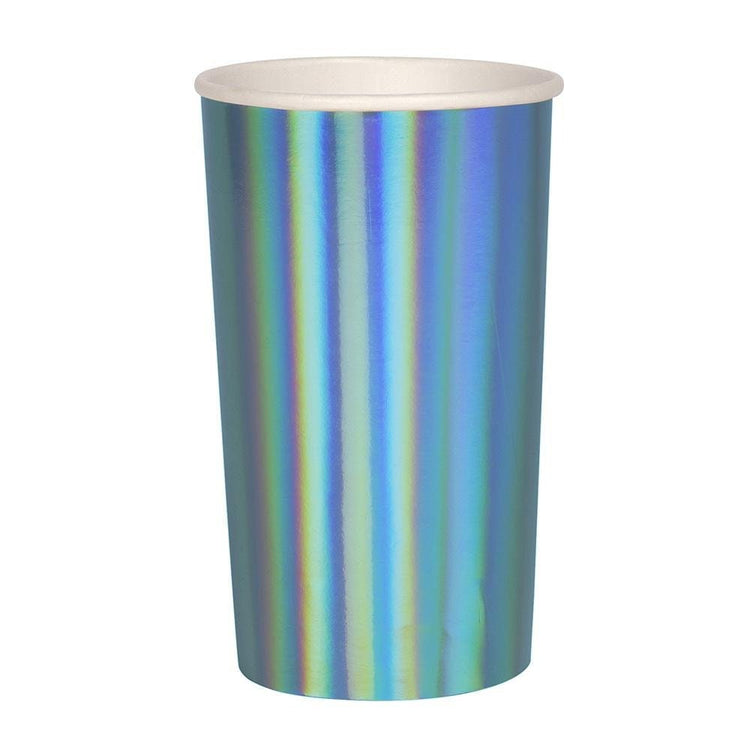 Holographic Blue Tall Party Cups, Set of 8 Meri Meri Beautiful Basics Shiny Holographic Blue Highball Paper Cups, 14 Ounces - Cohasset Party Supply