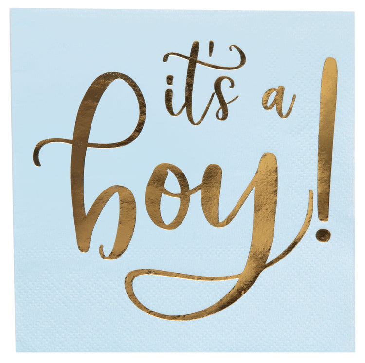 It's a Boy Napkins, Set of 20 Blue Cocktail Napkins With Gold Foil Lettering - Cohasset Party Supply