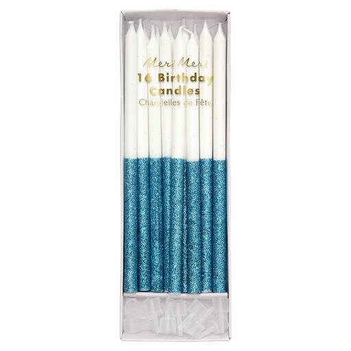 Blue Glitter Dipped Candles, Set of 16 Tall White Birthday Candles Dipped in Sparkling Blue Glitter - Cohasset Party Supply