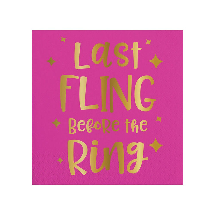 Last Fling Before the Ring Bachelorette Napkins, Set of 20 Bright Pink Beverage Napkins With Gold Foil Lettering - Cohasset Party Supply