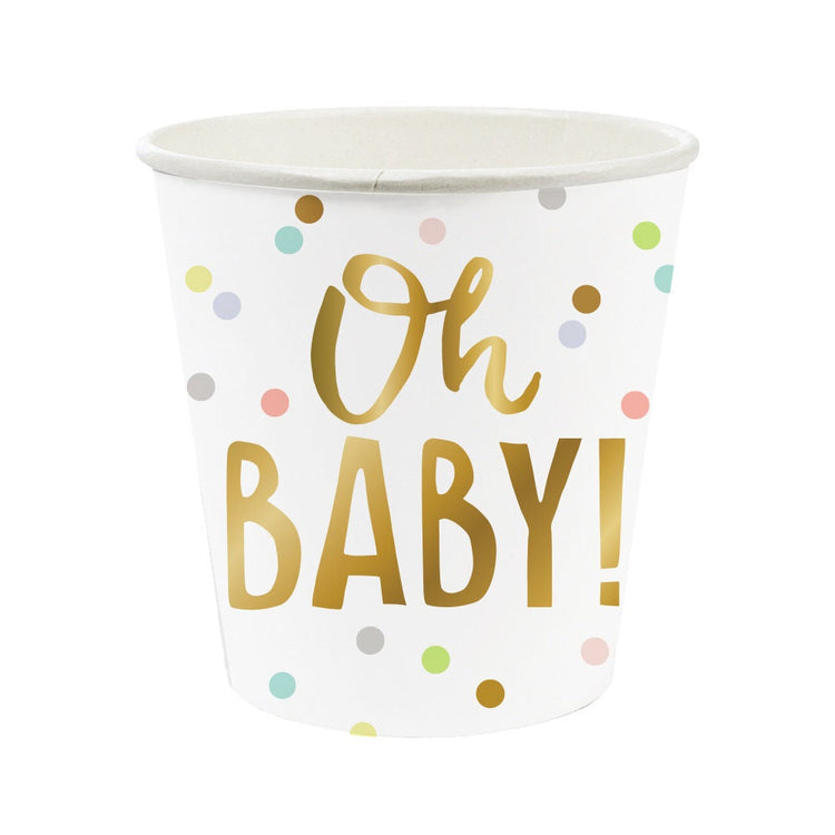 Oh Baby! Small Party Cups, Polka Dot and Gold Foil Shot Papers Cup for a Baby Shower or Gender Reveal Party, Set of 10, Holds 4 Ounces - Cohasset Party Supply