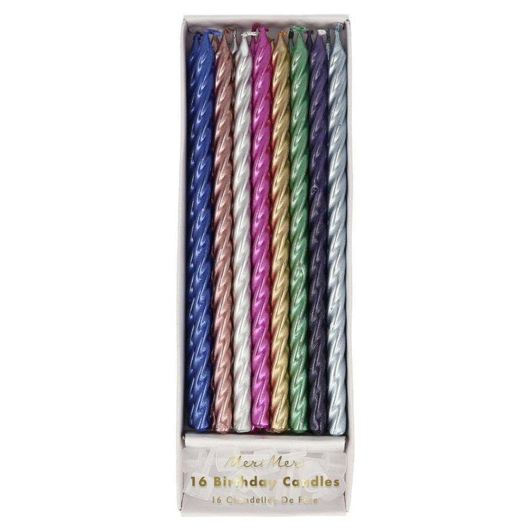 Metallic Twisted Candles, Set of 16 Meri Meri Multi-Colored Birthday Candles, 8 Shimmering Colors - Cohasset Party Supply