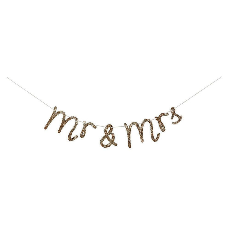 Mr. and Mrs. Gold Glitter Garland, Add Some Sparkle To Your Wedding or Bridal Shower with this "Mr & Mrs" Pennant, 5 Feet Long - Cohasset Party Supply