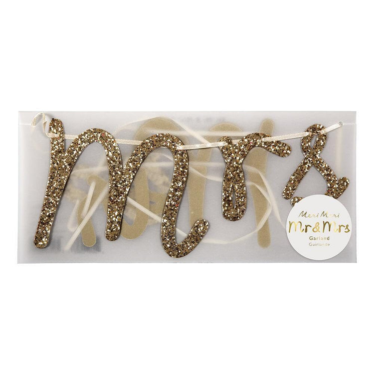 Mr. and Mrs. Gold Glitter Garland, Add Some Sparkle To Your Wedding or Bridal Shower with this "Mr & Mrs" Pennant, 5 Feet Long - Cohasset Party Supply